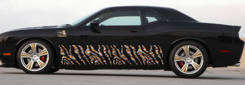 flaming metal vinyl graphics on black charger